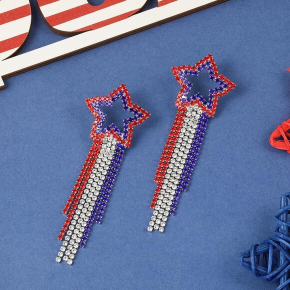 Women Jewelry | Red White | Blue Plexi Double Star | Drop Dangle Post Earrings - Picture 5 of 6